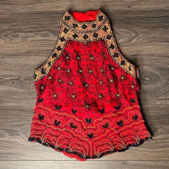 Chaudry Beaded Sleeveless High Neck Top Red with Black/Gold Beads. Medium. NWT!